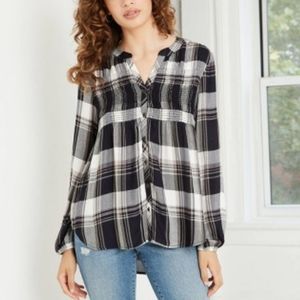 Like New Black and White Plaid Babydoll Button Down Top Blouse